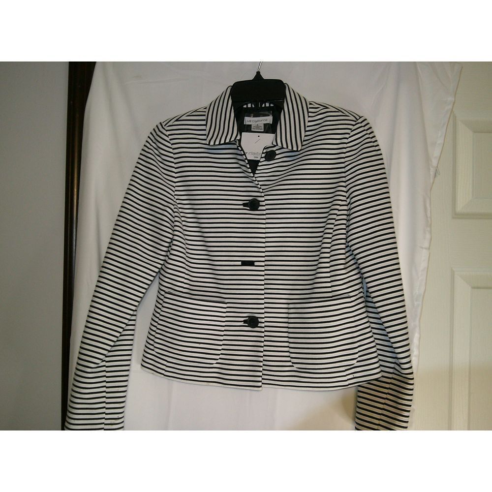 Liz Claiborne Black White Striped Blazer Button Front Professional Jacket S NWT